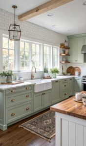 Reforma de cocina verde con luz natural y fregadero tipo farmhouse – Costa del Sol interiorismo