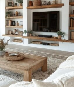 Diseño de salón acogedor con tonos neutros y madera clara – reforma interior en la Axarquía