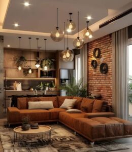 Reforma de salón moderno con sofá en L y ladrillo visto – diseño industrial en Málaga